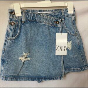 New Zara Z197 Distressed Denim Blue Jean Skort Faux Wrap Offset Button